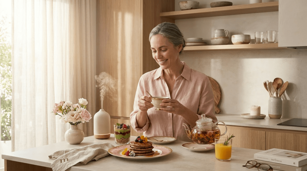 Woman having tea with healthy breakfast and diffuser on kitchen counter